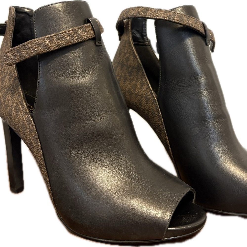 Michael Kors Black and Brown High Heel Peep-Toe Ankle Boots